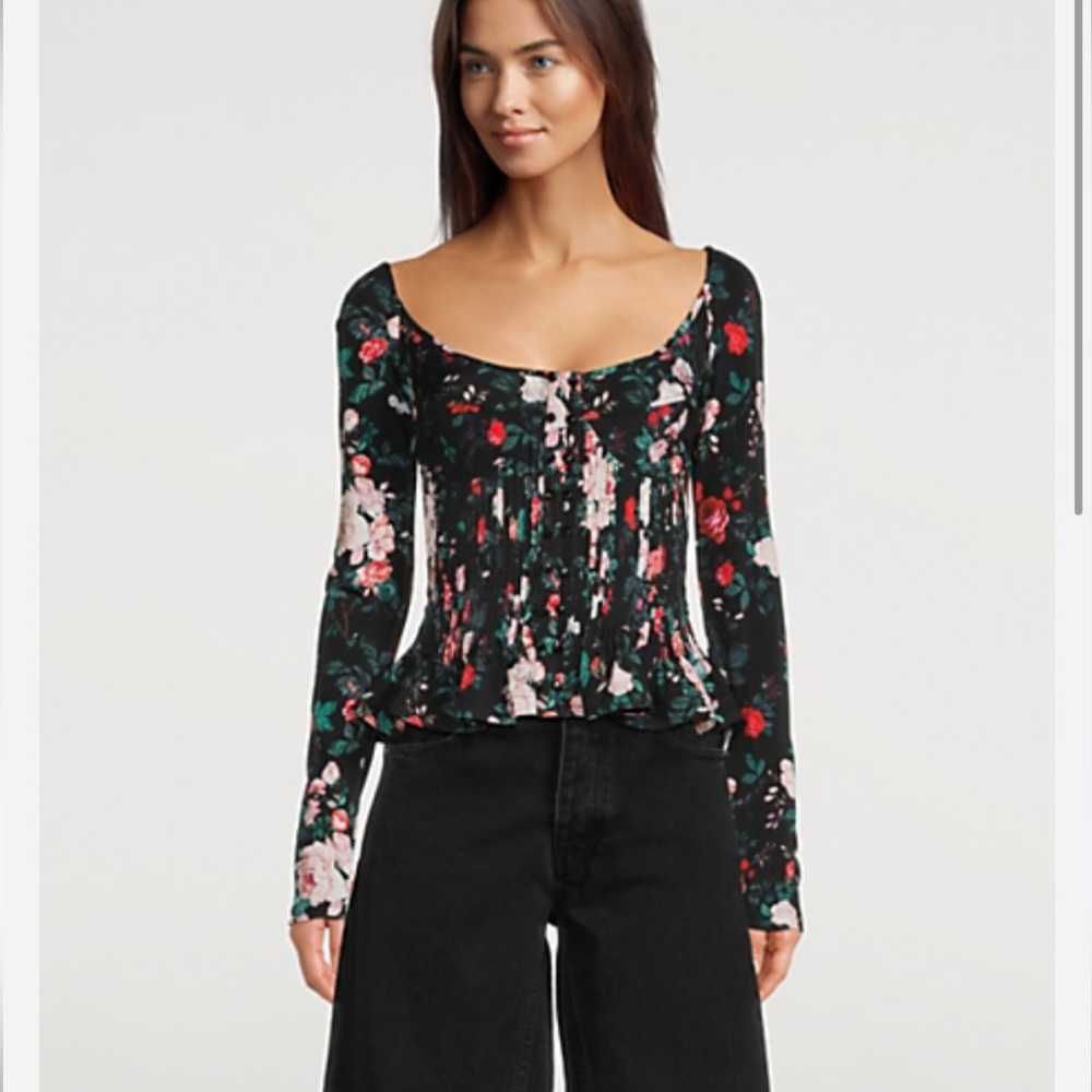 Paco Rabanne Floral Scoop-Neck Long Sleeve Top in Black and Pink